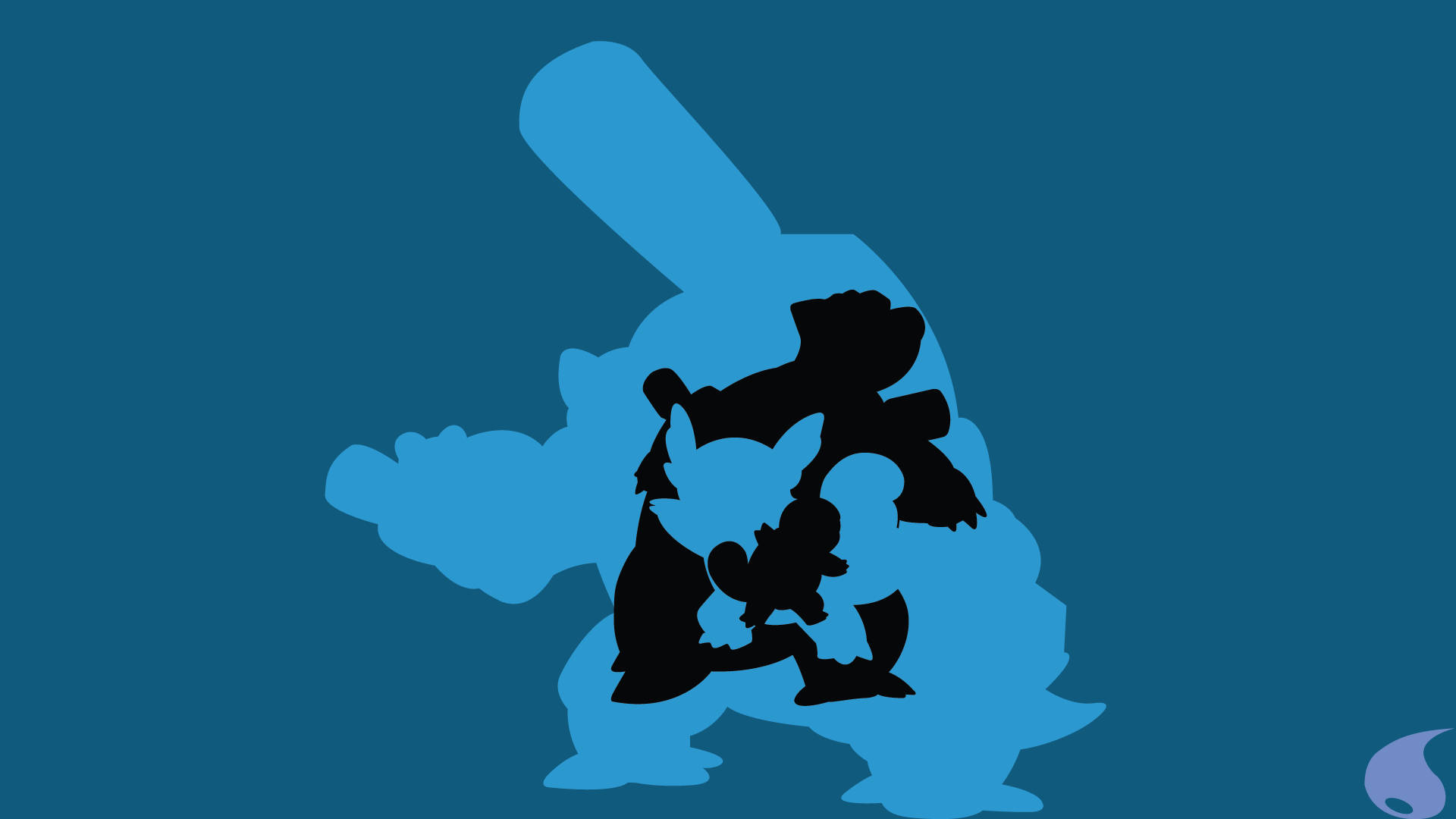Blastoise 的進化歷程 壁紙 — 剪影卡通角色以動態姿勢呈現，背景為純青色，帶有分層的藍色形狀。