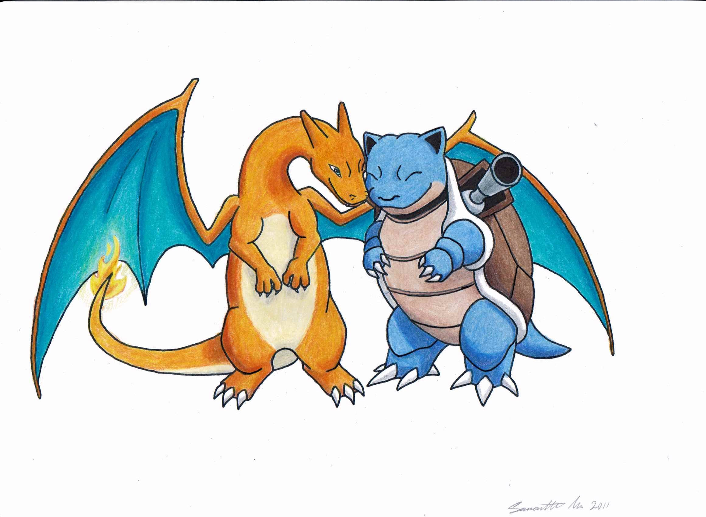 深受喜愛的水系寶可夢 Blastoise 壁紙 — 一隻橙色嘅龍有藍色翼，挨住一隻藍色龜狀生物，佢背脊有支大炮。