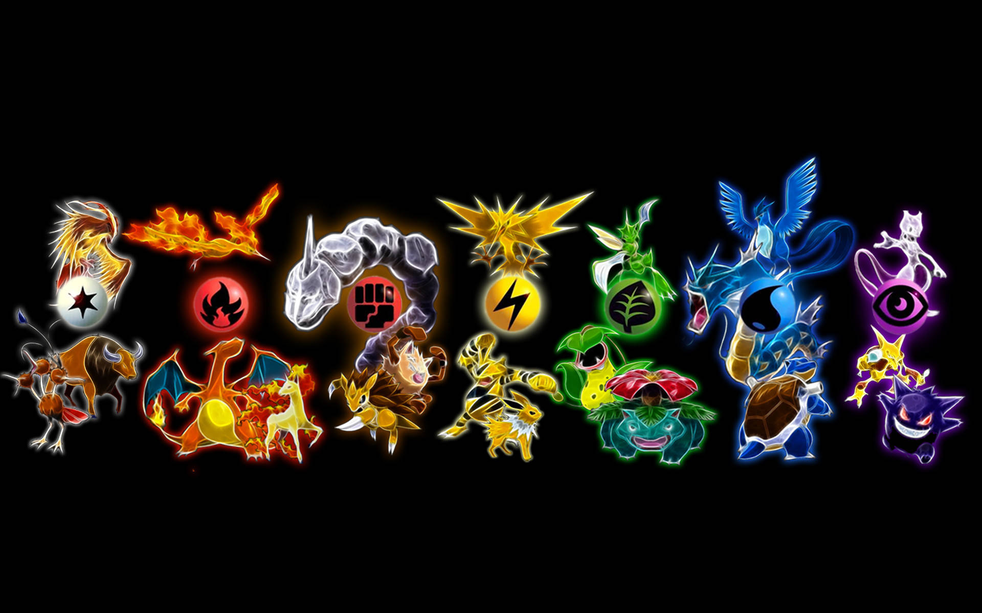 歡迎進入寶可夢世界，認識強大的水系寶可夢 Blastoise！ 壁紙 — 發光嘅寵物小精靈圖標排成一行，背景係黑色，每個都散發出元素能量。