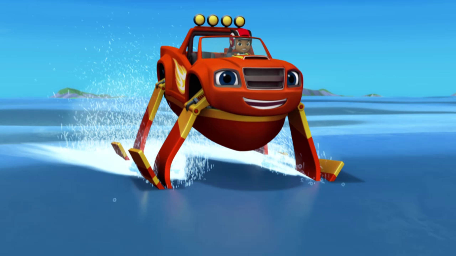 Blaze And The Monster Machines 水翼艇 壁紙 — 一輛歡快的紅色動畫消防車用腿在藍色水面上飛馳，在晴朗的天空下濺起水花。