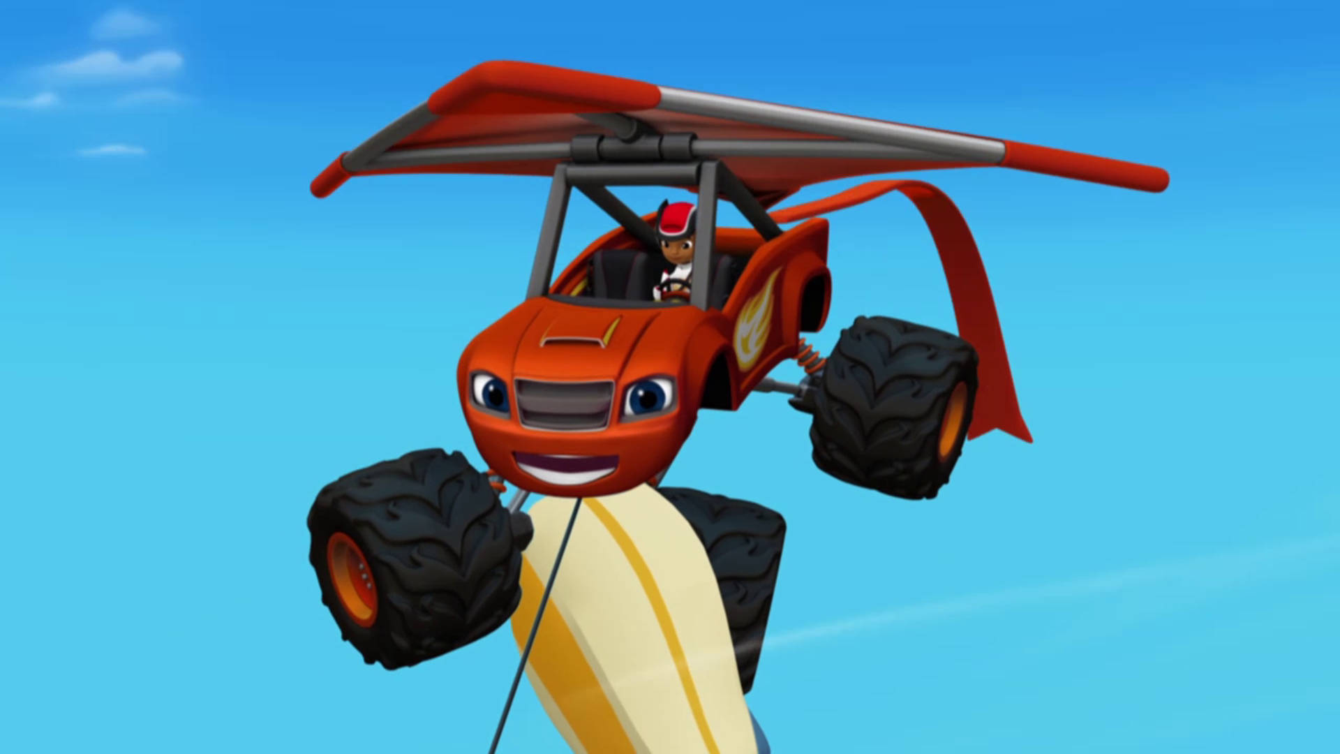 Blaze And The Monster Machines 風箏 壁紙 — 一架帶翅膀的紅色開心怪獸卡車在明亮的背景下翱翔於清澈的藍天。