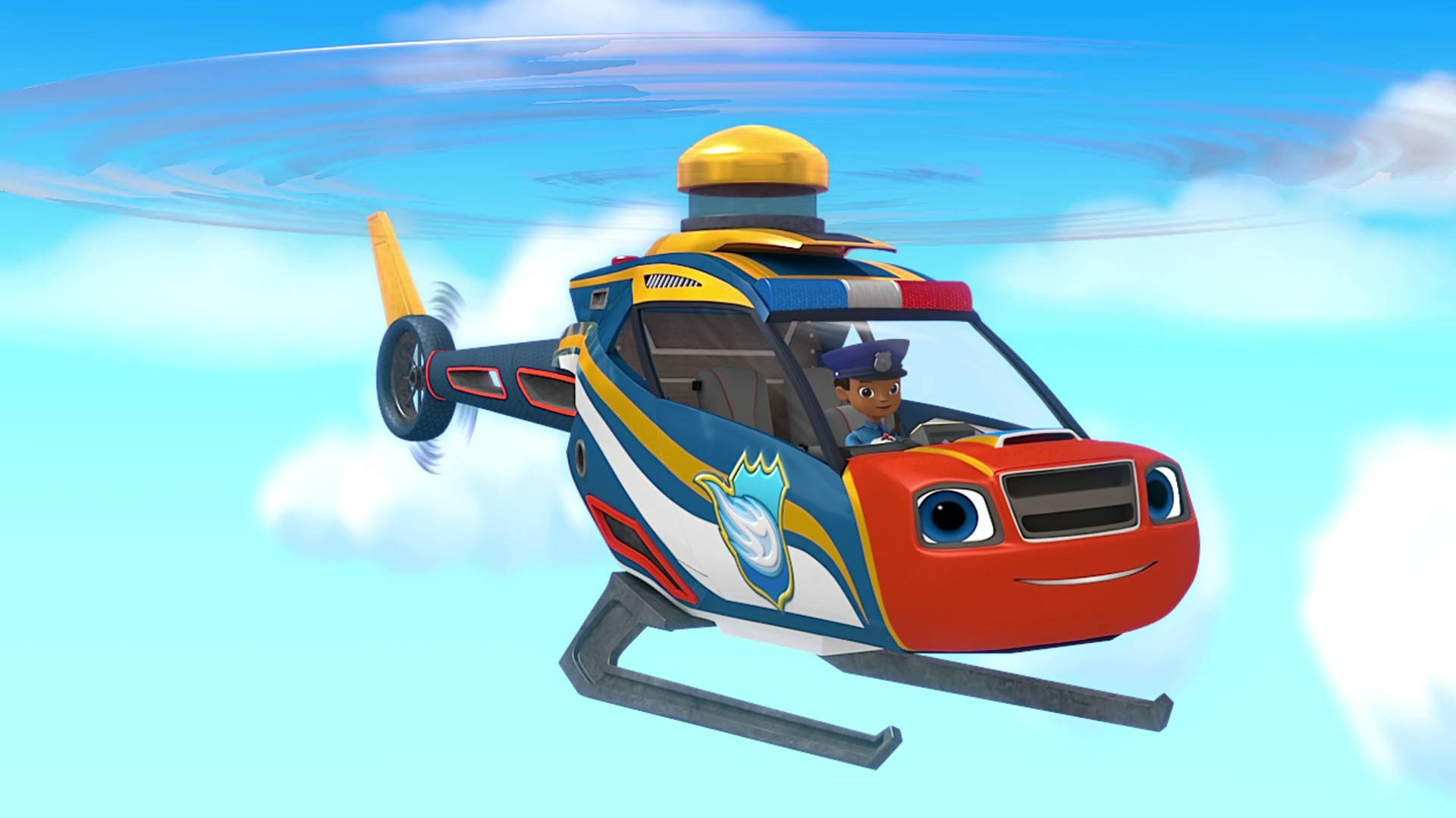 Blaze And The Monster Machines 直升機 壁紙 — 一架帶有笑臉的歡樂動畫直升機飛過點綴著蓬鬆白雲的明亮藍天。