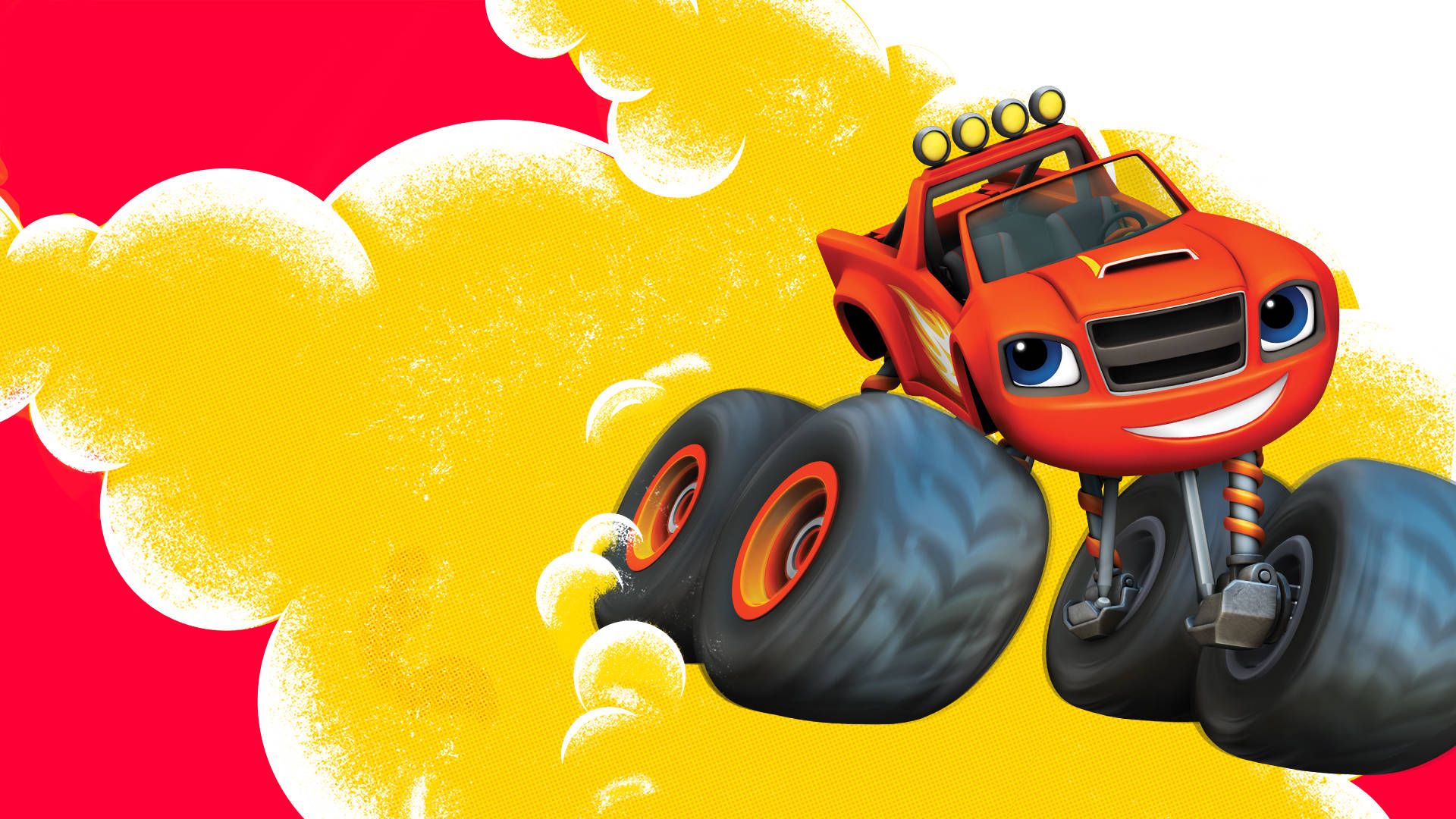 Blaze And The Monster Machines 繪畫 壁紙 — 一輛有大眼睛和微笑的紅色開心怪獸卡車，在充滿活力的黃色和紅色背景中跳躍。