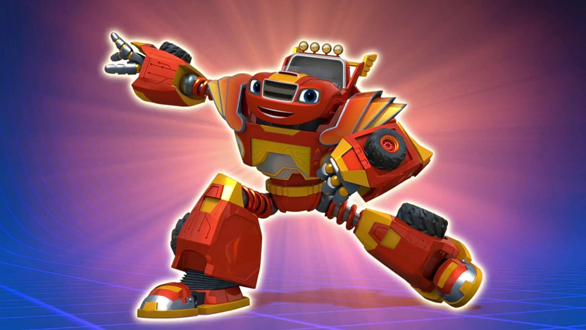 Blaze And The Monster Machines 機器人 壁紙 — 一個歡快的紅色和黃色機器人帶有卡車零件，在發光的紫色和藍色漸變背景前擺出動態姿勢。