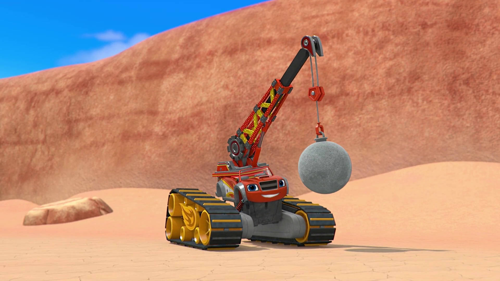 Blaze and the Monster Machines - 高張力吊臂場景 壁紙 — 一輛紅色和黃色的動畫建築車輛，帶有坦克履帶，在晴朗的藍天下，在沙漠景觀中抬起一塊巨大的灰色巨石。