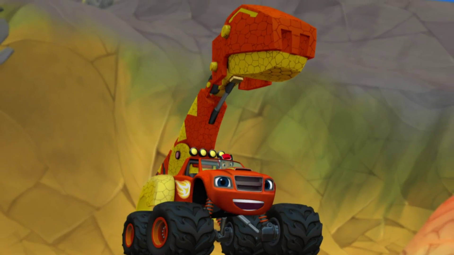 Blaze And The Monster Machines 恐龍霸王龍 壁紙 — 一輛帶有恐龍頭設計的橙色開心怪獸卡車停在岩石峽谷景觀中。