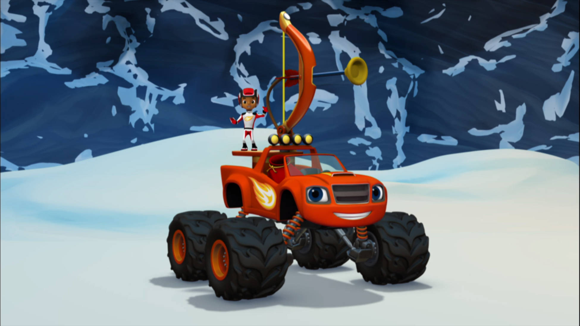 Blaze And The Monster Machines 弓箭 壁紙 — 一輛帶有笑臉的橙色怪獸卡車和一個小司機站在雪地地形上，背景是深藍色的冰天雪地。