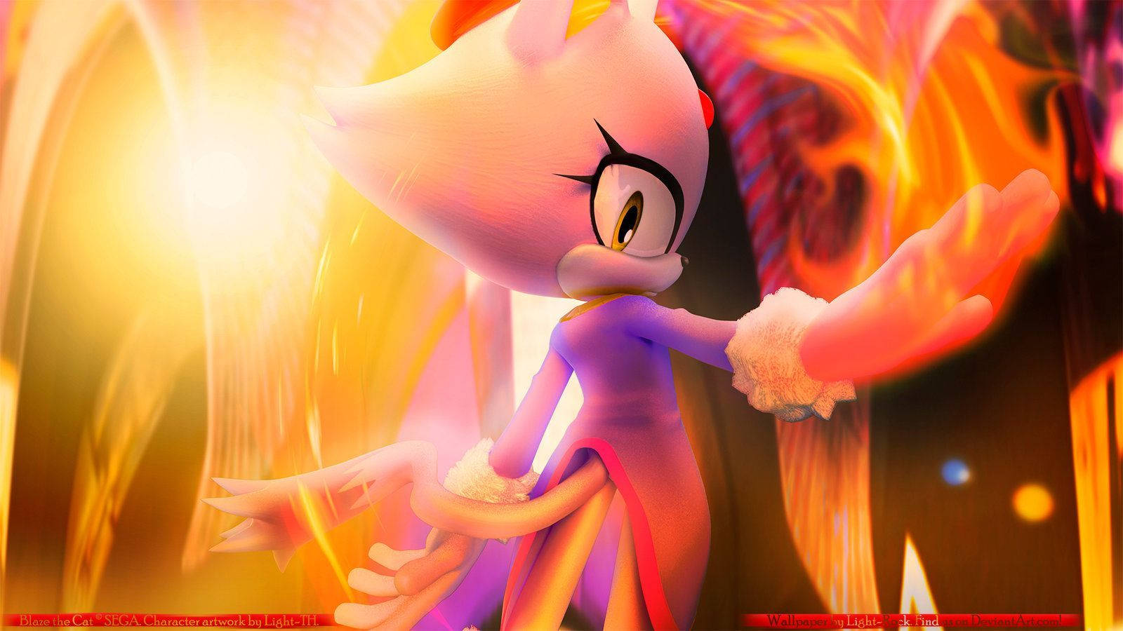 Blaze The Cat 熱光 壁紙 — 一隻粉紅色狐狸角色，帶有火焰般的光環和發光的眼睛，在閃耀的金色背景下擺出動感姿勢。