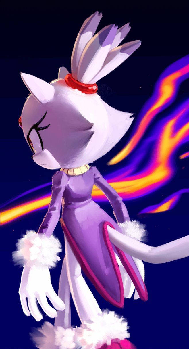 Blaze The Cat 卡通海報 壁紙 — 一隻風格化的白色擬人狐狸穿著紫色連衣裙，站在深色背景前，背景有充滿活力的橙色和紫色能量條紋。
