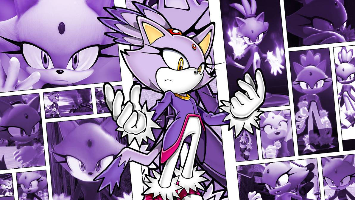 Blaze The Cat 漫畫分鏡 壁紙 — 一張動態動漫風格壁紙，以紫色刺蝟角色為特色，採用漫畫面板拼貼，帶有發光效果。
