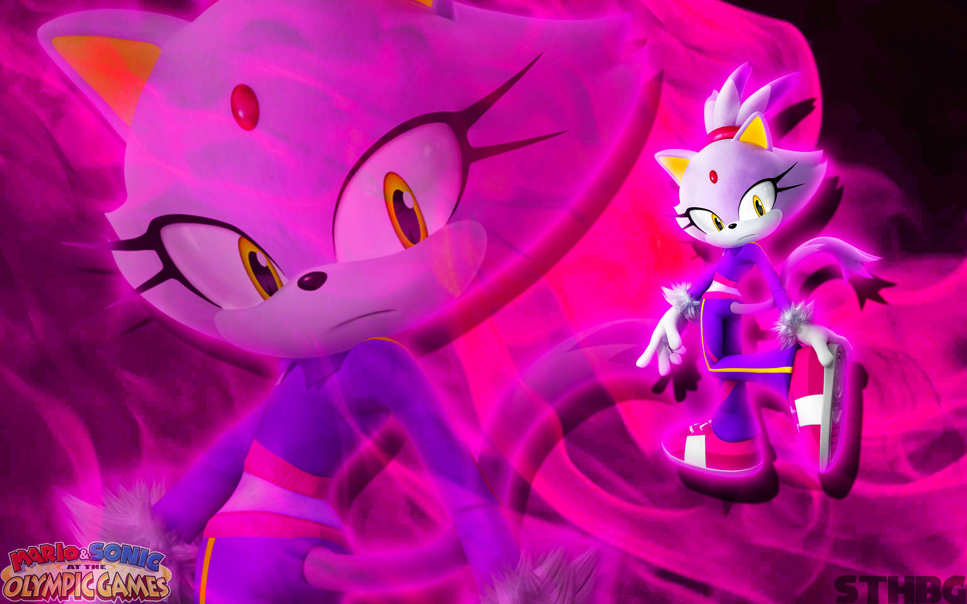 Blaze The Cat 粉紅主題 壁紙 — 一個風格化的紫色狐狸角色，黃色眼睛和紅色寶石，自信地站在旋轉的粉紅色能量背景前。