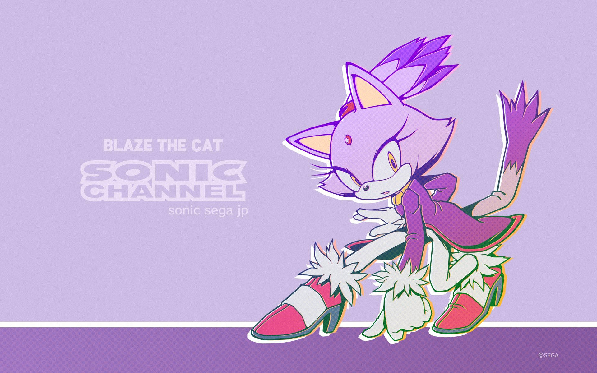 Blaze The Cat 紫色主題 壁紙 — 來自 Sonic Channel 的 Blaze the Cat 在柔和的紫色背景上擺出動態姿勢，帶有粗線條和鮮豔的粉紅色點綴。