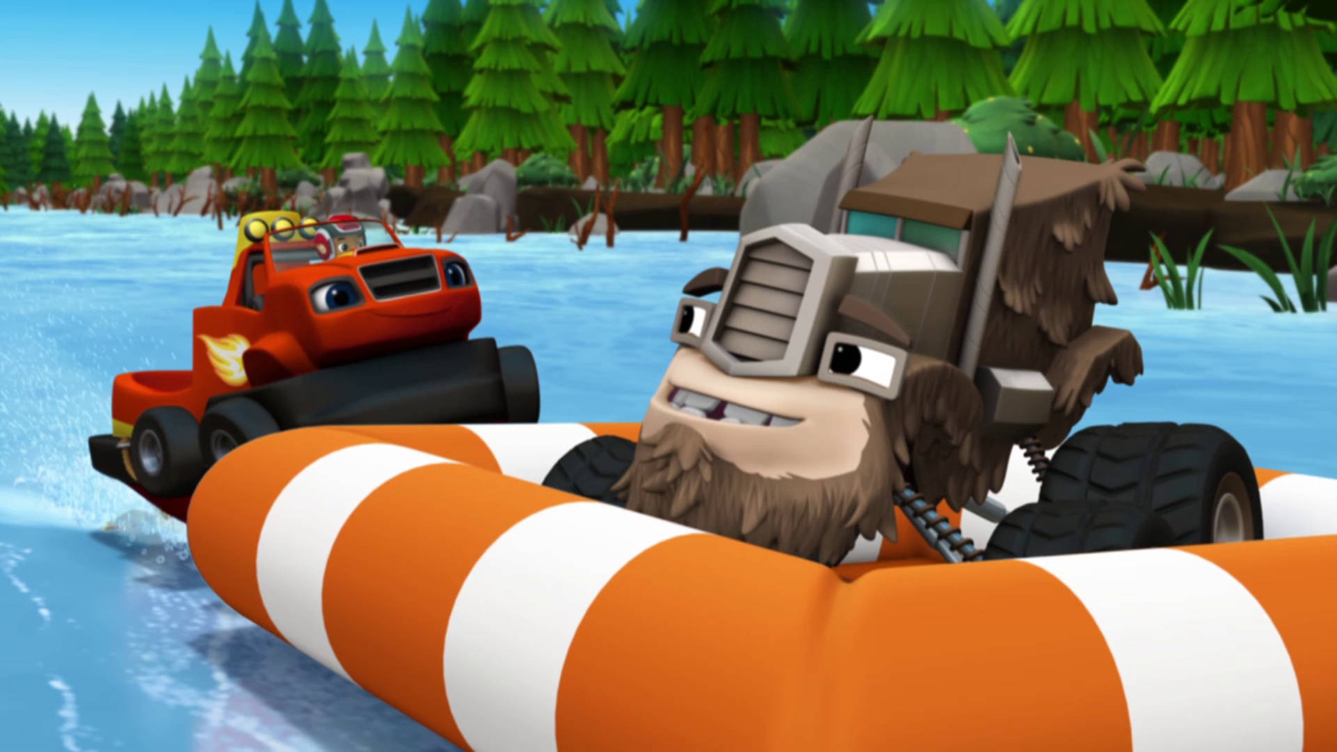 Blaze 與 Monster Machines 拖船造型 壁紙 — 一架有鬍鬚的卡通怪獸卡車在河中騎著救生圈，而附近森林中一輛紅色消防車正在濺水。