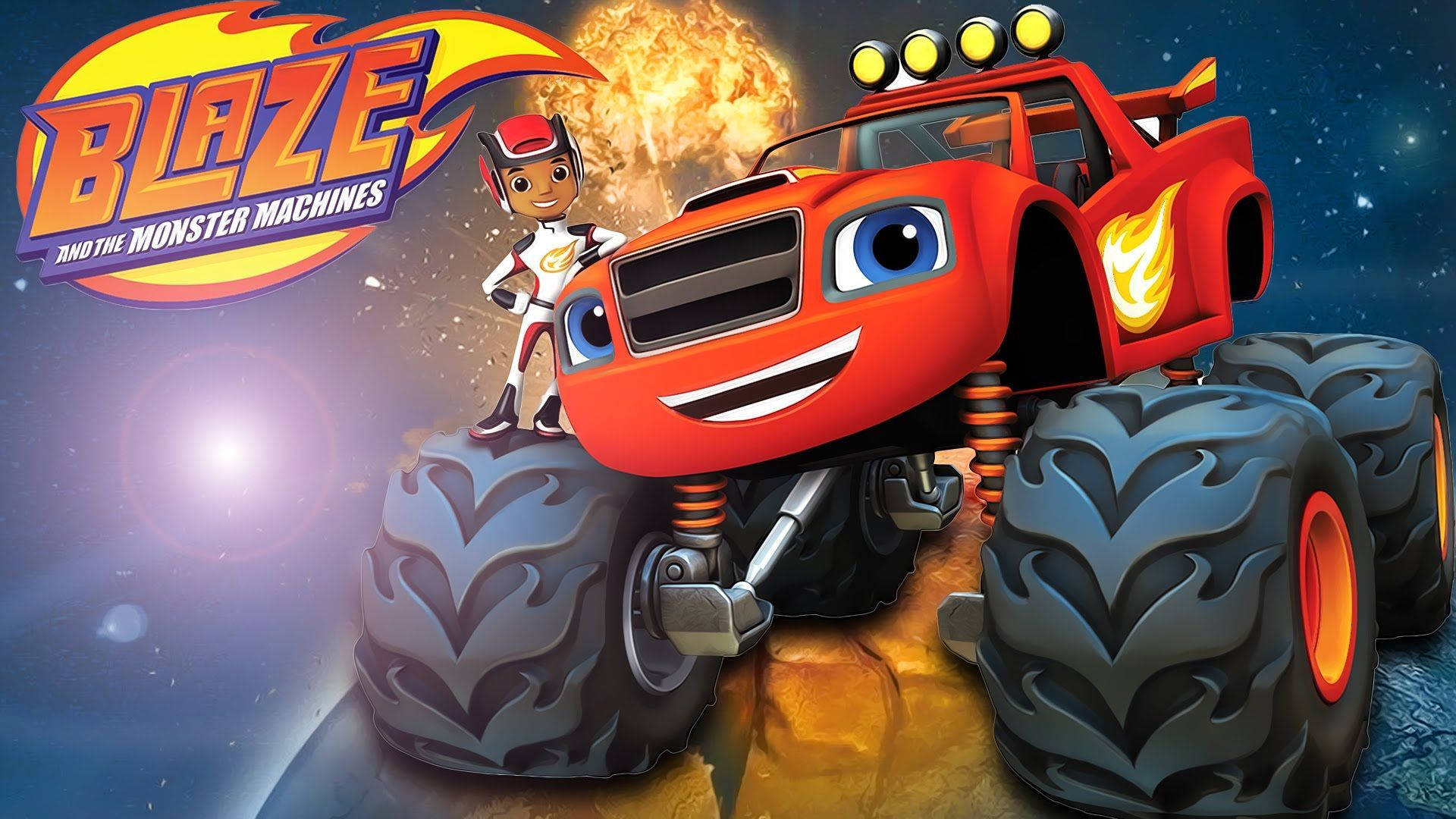 Blaze 與 Monster Machines 星際冒險 壁紙 — 一輛紅色動畫怪獸卡車，有大眼睛和火焰貼花，站在岩石地形上，一位年輕英雄站在旁邊，背景是星空和熾熱的爆炸。