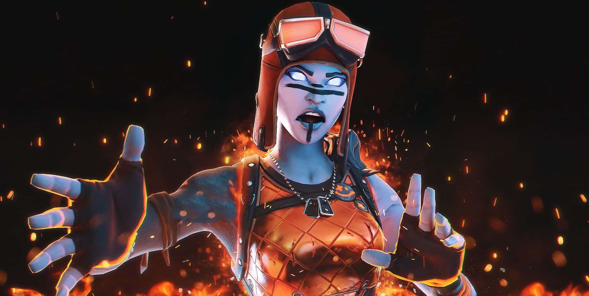 Blaze《Fortnite》戰鬥裝扮周圍環繞餘燼 壁紙 — 一個藍皮膚的女性角色穿著火熱的橙色裝備，站在發光的餘燼中，眼睛發光，雙手伸出。