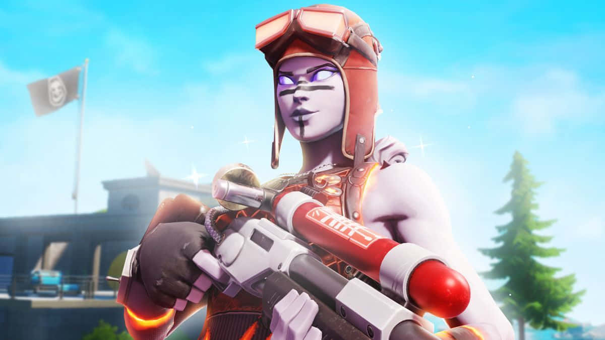 Blaze《Fortnite》造型守衛設施 壁紙 — 一個風格化的電子遊戲角色，戴著紅色頭盔，身穿白色服裝，在明亮的藍天下手持火箭發射器，背景有旗幟和松樹。