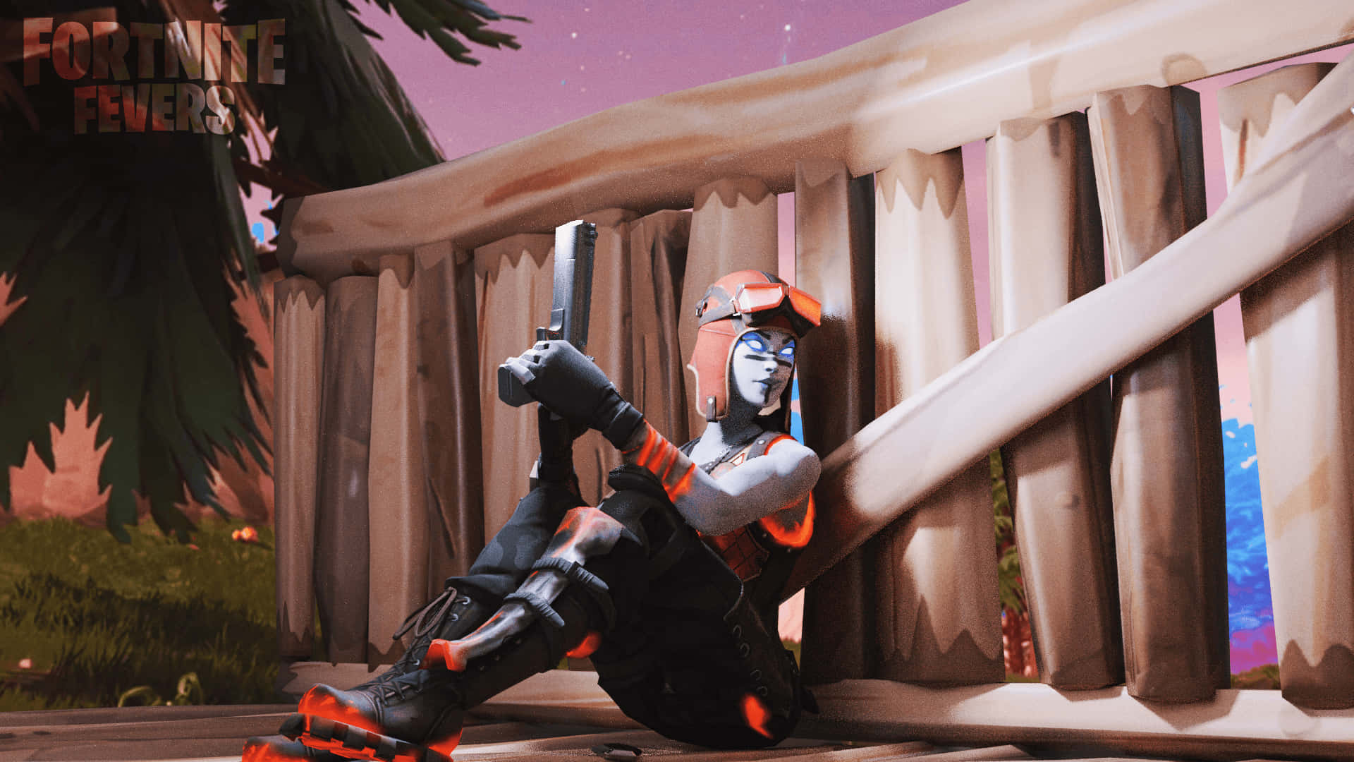 Blaze《Fortnite》造型掩護射擊 壁紙 — 一個藍色皮膚、橙色裝備的 Fortnite 角色在黃昏天空下靠著木柵欄，手持手槍。