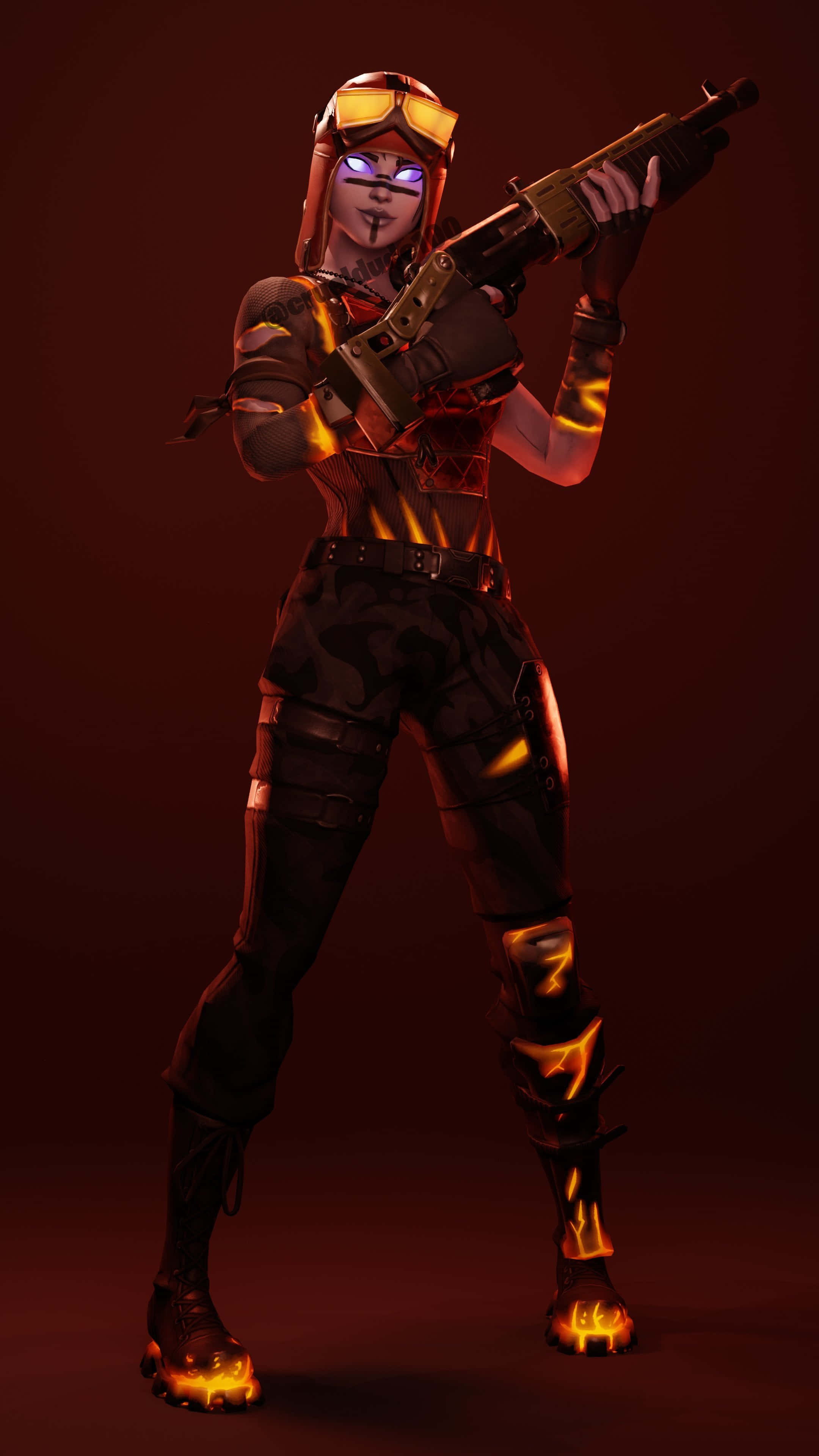 Blaze《Fortnite》戰鬥裝扮手持槍械 壁紙 — 一位風格化的女兵穿著火橙色裝備，在深紅色背景上帶有發光點綴，手持步槍。