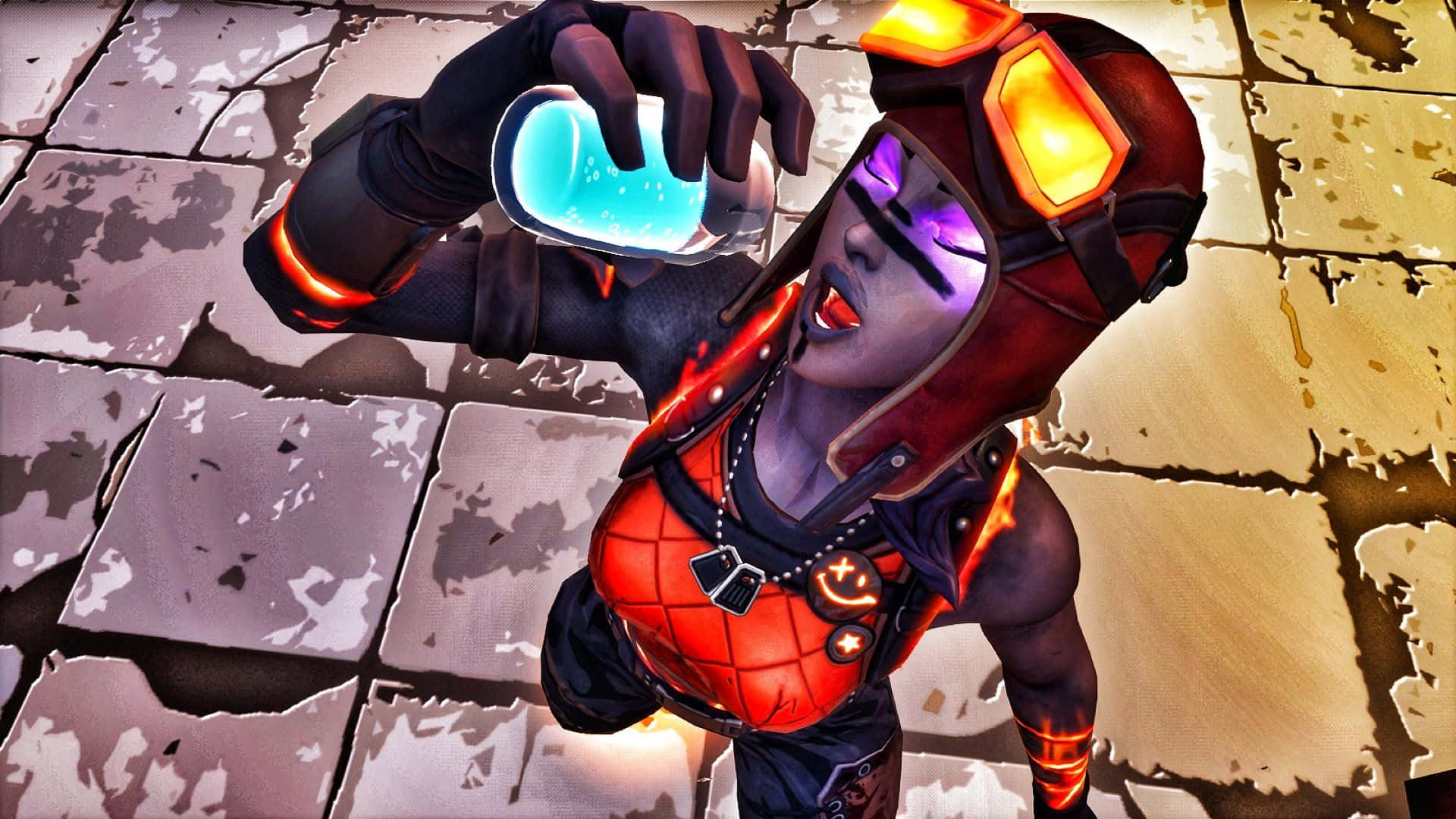 Blaze《Fortnite》戰鬥裝扮正啜飲「Slurp Juice」 壁紙 — 一個身穿紅色裝甲的賽博朋克角色，在裂開的石磚上拿著一個發光的藍色小瓶。