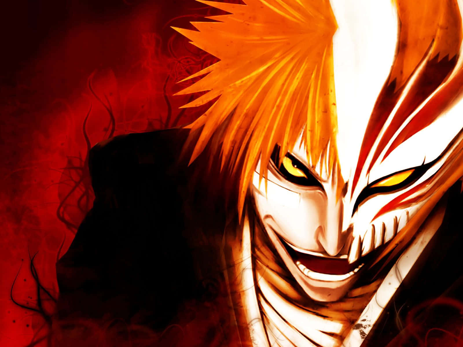 Bleach Ichigo Kurosaki 動漫 Discord 頭像 壁紙 — 一個兇猛的動漫角色，有著尖刺的橙色頭髮和白色面具，在深紅色背景上咧嘴笑。
