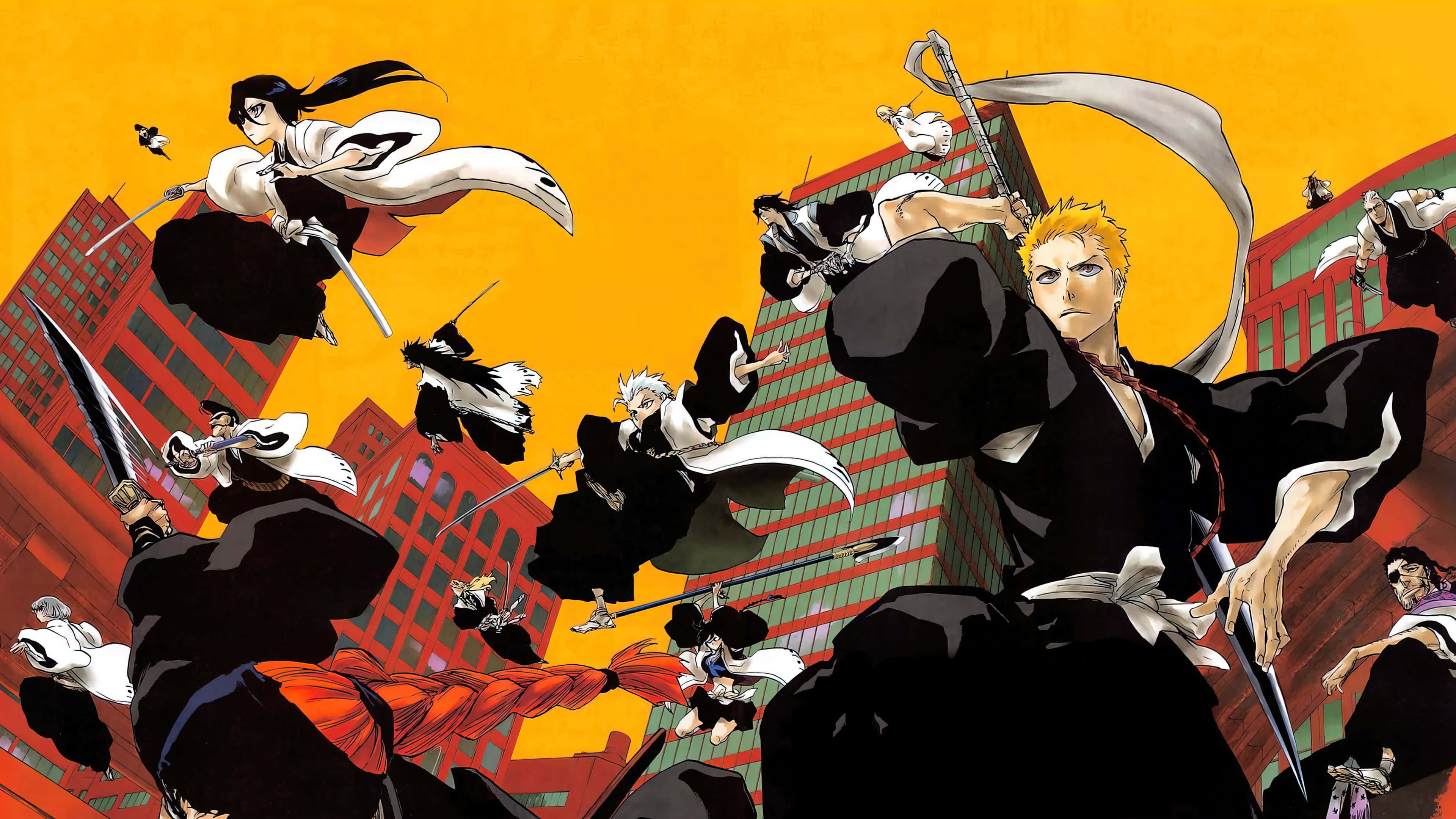 Bleach 動畫角色黃天背景圖 壁紙 — 動漫戰士在風格化的城市景觀上方，在火紅的橙色天空中半空交鋒。