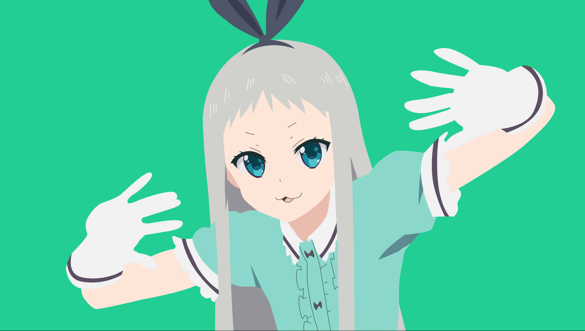 動漫女孩，銀色頭髮和藍色眼睛，在青色背景前揮動雙手。