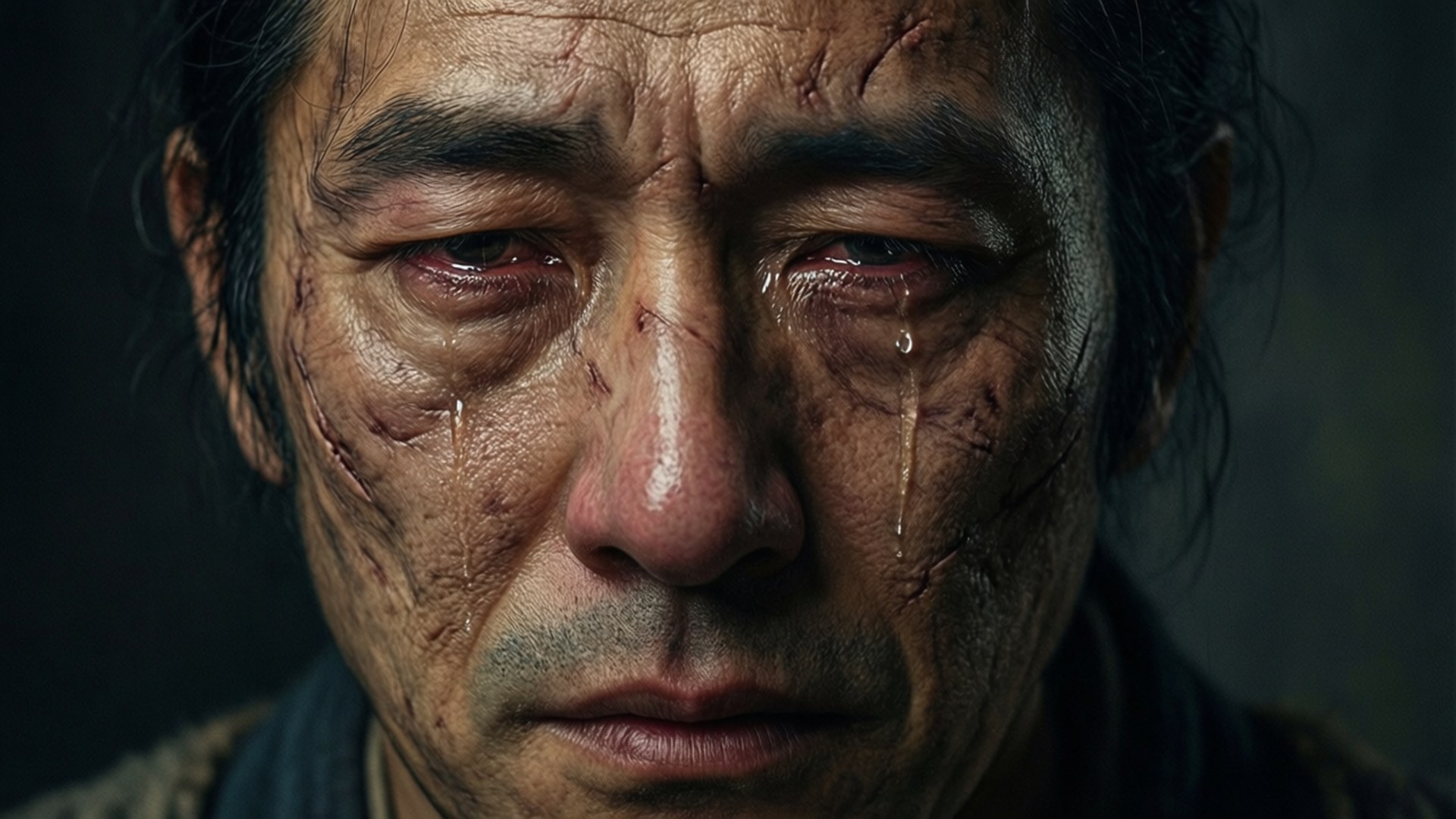 一個滿臉鮮血的男人在昏暗燈光下哭泣