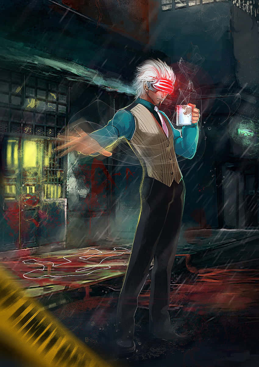  壁紙 — 一位蒙眼動漫男子穿著背心站在雨中的小巷，手持一個發光的盒子，周圍有紅色能量旋轉。