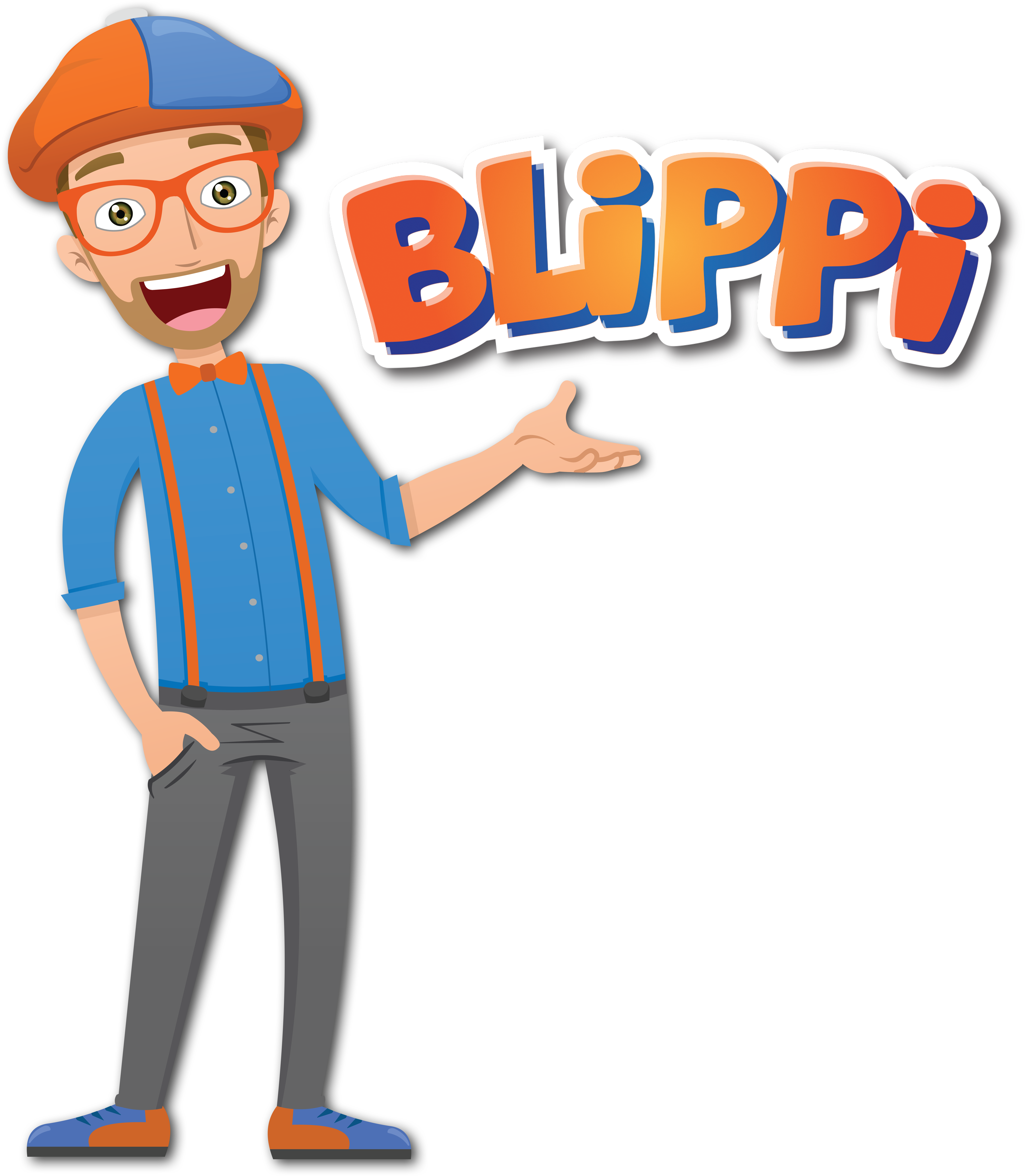 Blippi角色呈現 壁紙 — 一個穿著藍色襯衫和橙色帽子的快樂卡通男人，指向以粗體彩色字母組成的「Blippi」字樣。