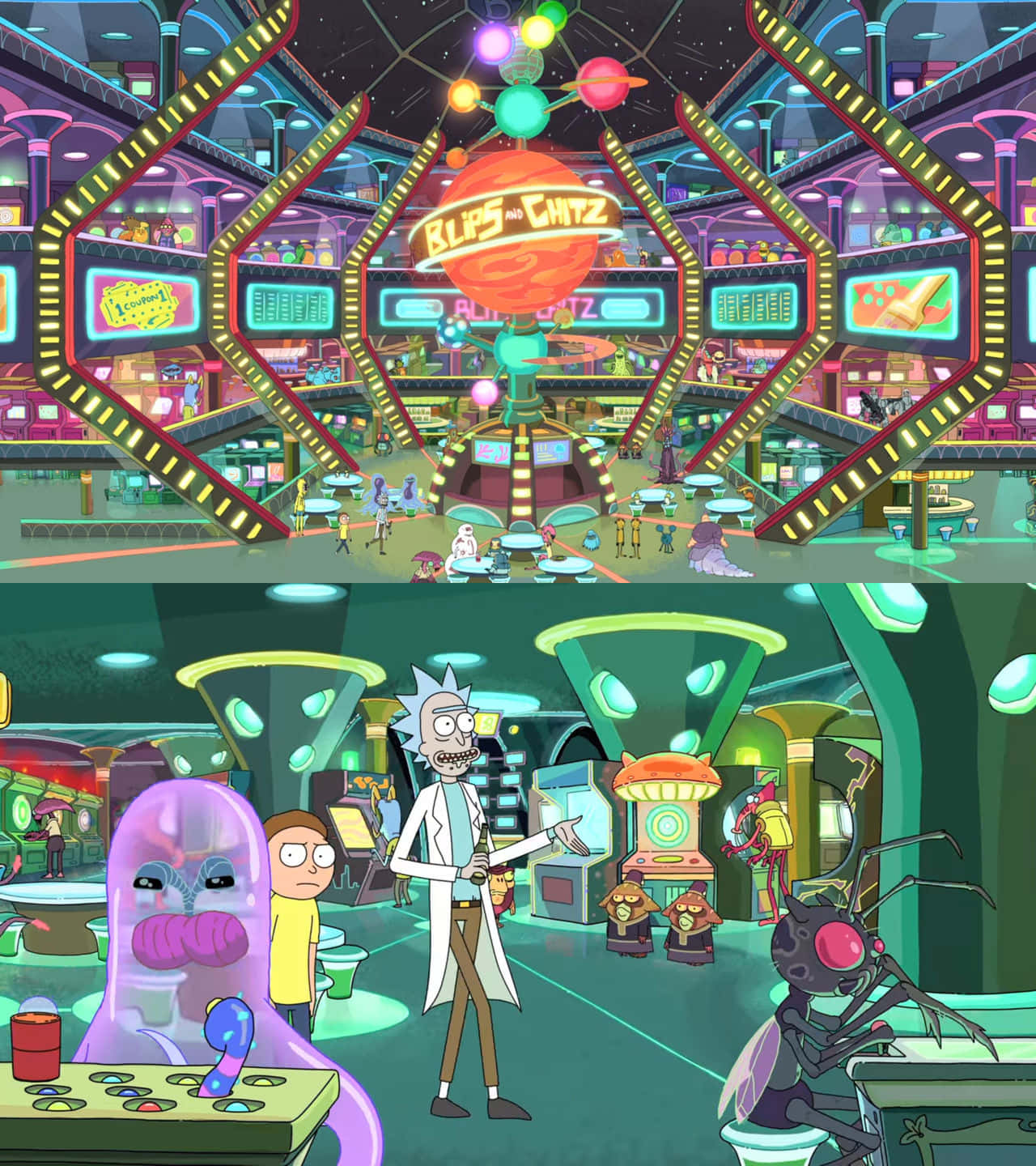 Blips And Chitz：充滿刺激的遊戲與冒險 壁紙 — 充滿奇特外星角色和發光霓虹燈牌的充滿活力的科幻街機和實驗室，位於星空穹頂下。