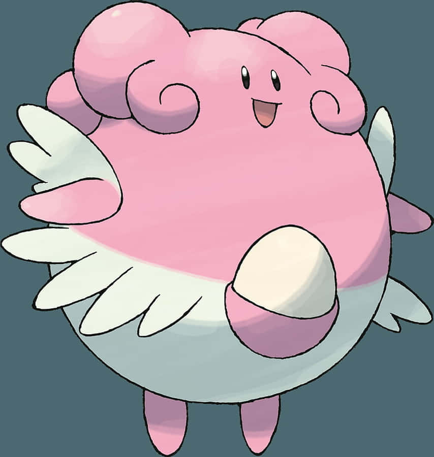 Blissey 灰色背景 壁紙 — 一隻粉紅色和白色、毛茸茸、捲曲耳朵、面帶微笑的快樂寶可夢，在柔和的藍色背景上漂浮。