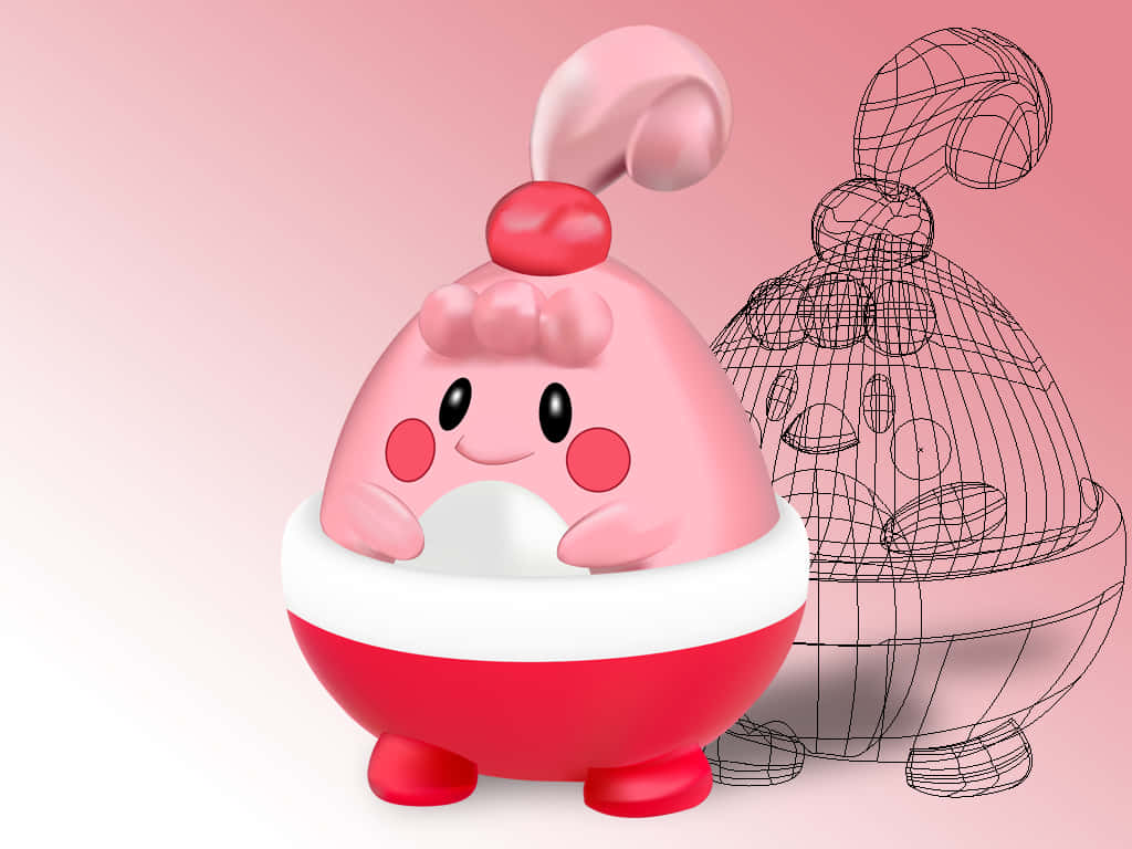 Blissey 的前進進化形態 Happiny 壁紙 — 一個可愛的粉紅色3D渲染角色，帶有紅色蝴蝶結和白色邊飾，站在其線框輪廓旁邊，背景是柔和的粉紅色漸變。