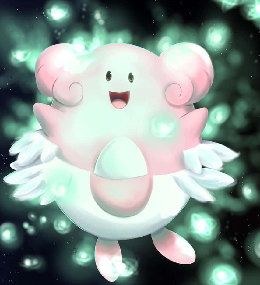 Blissey 與螢火蟲嬉戲 壁紙 — 一隻快樂的粉紅色和白色卡通生物，有翅膀，在黑暗的宇宙背景中漂浮在發光的綠色球體之間。