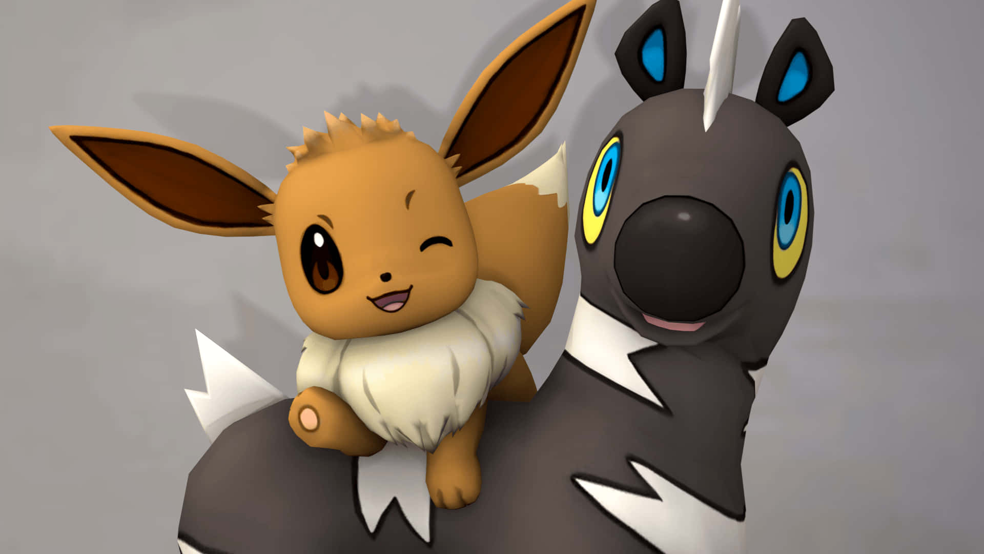 Blitzle 與 Eevee 寶可夢 壁紙 — 一隻開心的伊貝騎喺微笑嘅月伊貝背上，對住純灰色背景單眼。