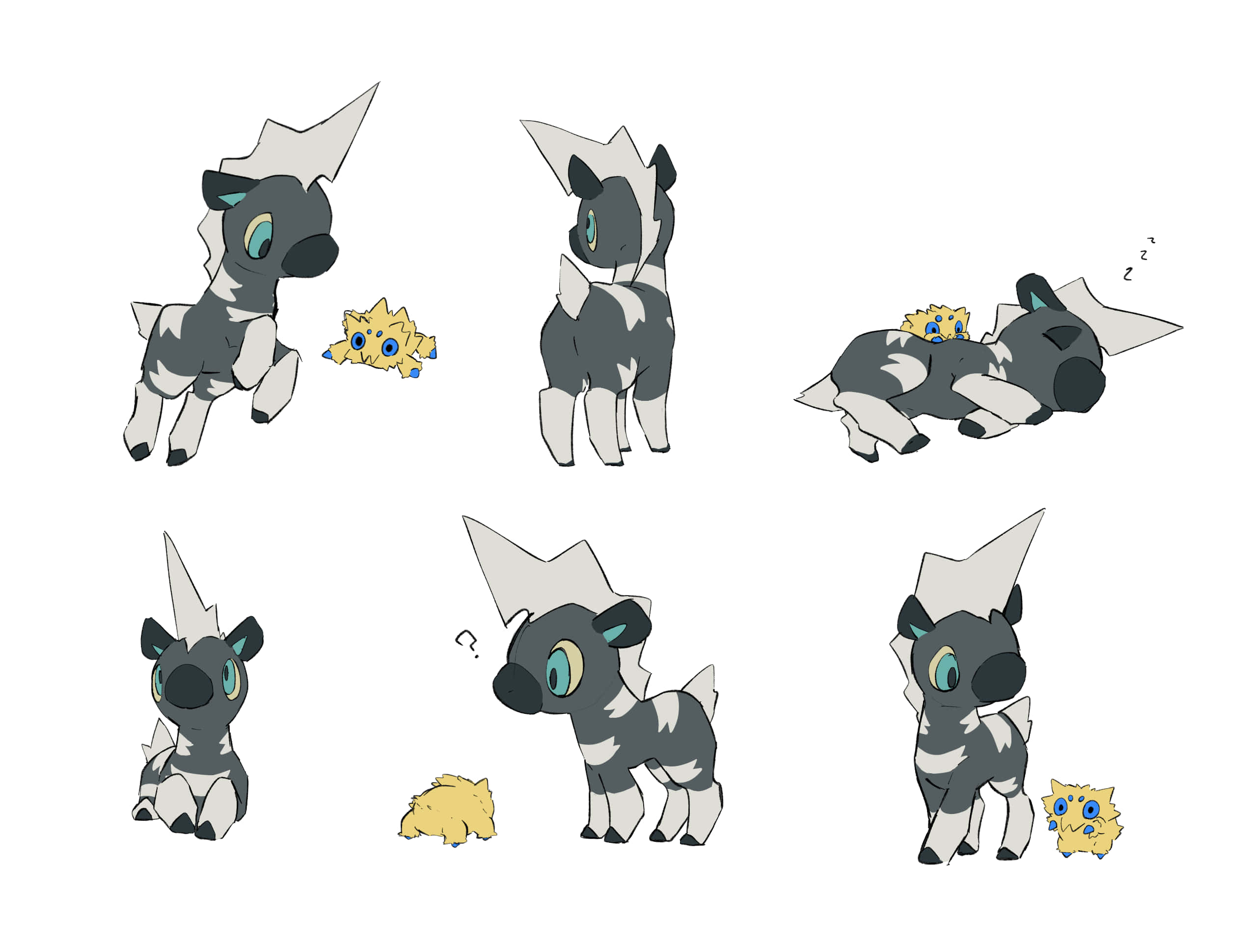 Blitzle 與 Joltik 寶可夢 壁紙 — 一隻可愛的灰白色動漫風格狗狀生物，有角和一雙藍眼睛，以各種姿勢與一隻小黃色生物互動。