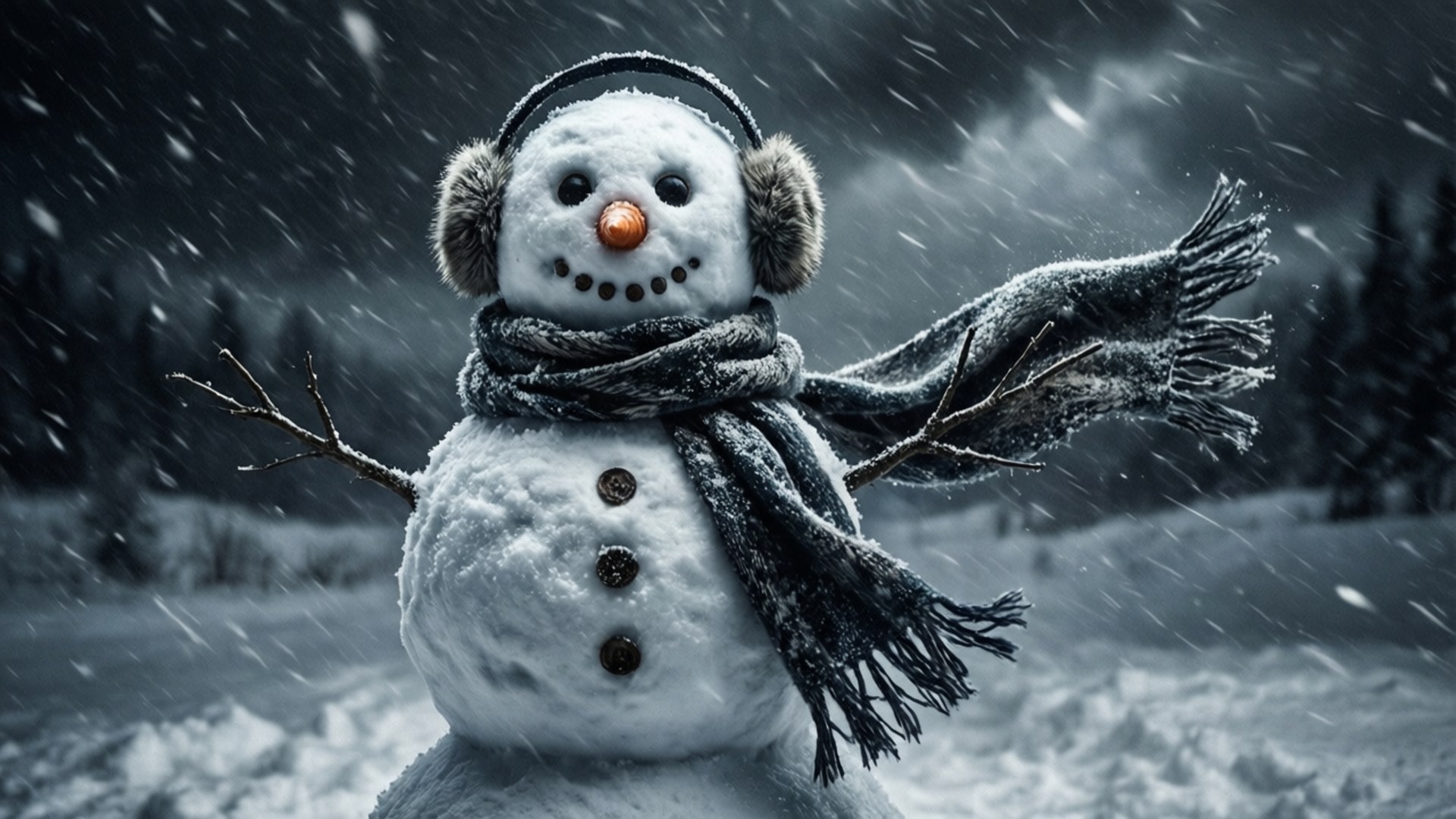 雪人戴著耳罩和圍巾，在暴風雪中的雪地森林裡