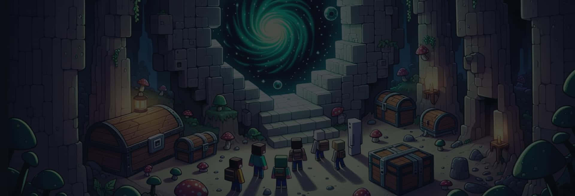  壁紙 — 一群方塊冒險家站在一個石頭地牢中，地牢裡充滿了寶箱和發光蘑菇，上方有旋轉的綠色漩渦。
