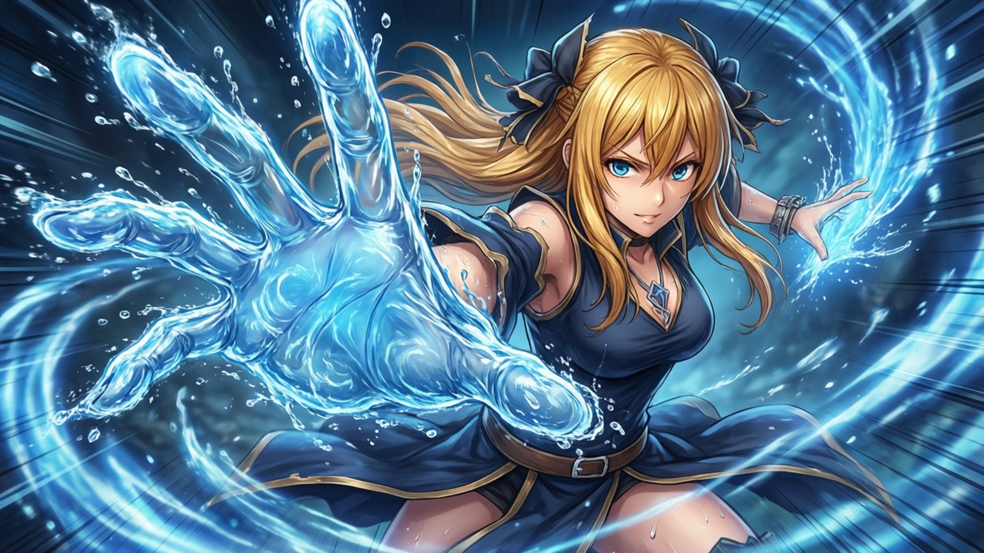 Aqua Hand 壁紙 — 一位金髮動漫女孩穿著深藍色服裝，引導發光的藍色水魔法，周圍有動態的水花和旋轉的能量。