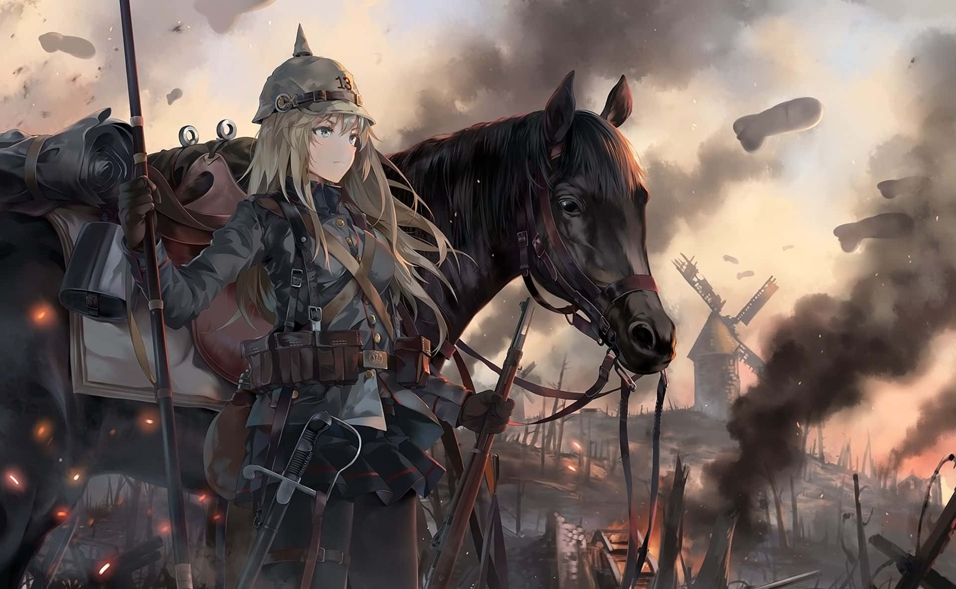  壁紙 — 一位金髮動漫士兵身穿軍裝，站在一匹黑色戰馬旁邊，身處煙霧瀰漫的戰場，周圍有燃燒的廢墟和漂浮的碎片。