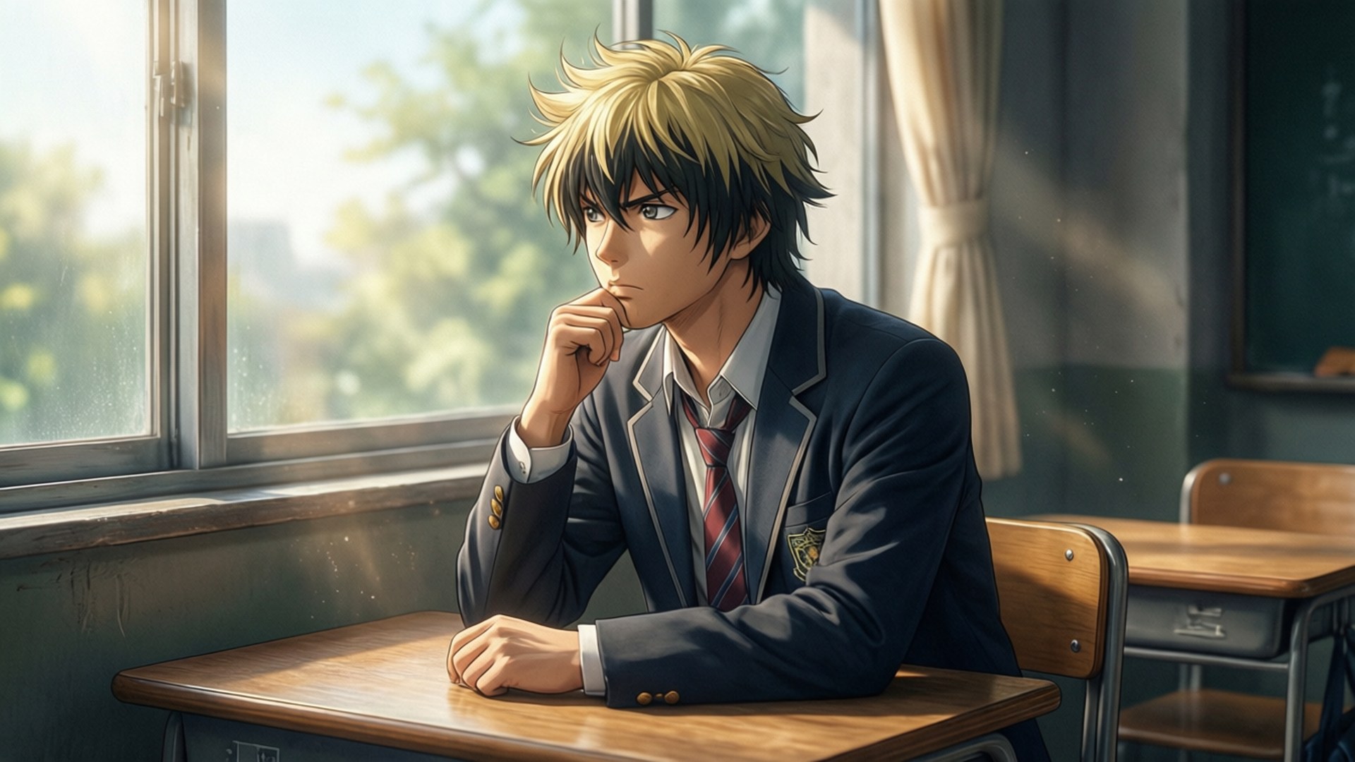 Classroom Thoughts 壁紙 — 一個金髮動漫男孩穿著校服，沉思地坐在教室裡陽光照射的窗邊木桌前。