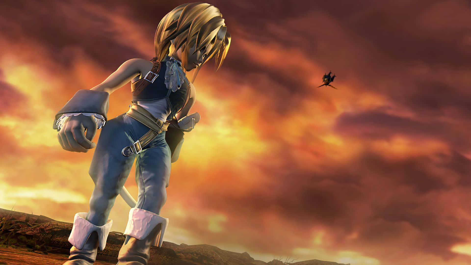 Final Fantasy Ix 桌布 壁紙 — 一個金髮動漫角色站在岩石平原上，背景是火紅的日落天空，附近有一隻小型飛行生物。