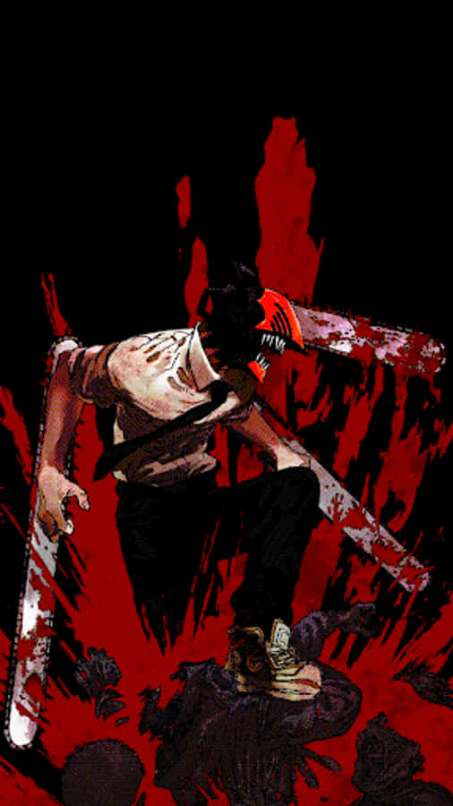 Chainsaw Man iPhone 桌布 壁紙 — 一個血淋淋、揮舞電鋸的人物，在深紅色飛濺背景中擺出威嚇姿態。