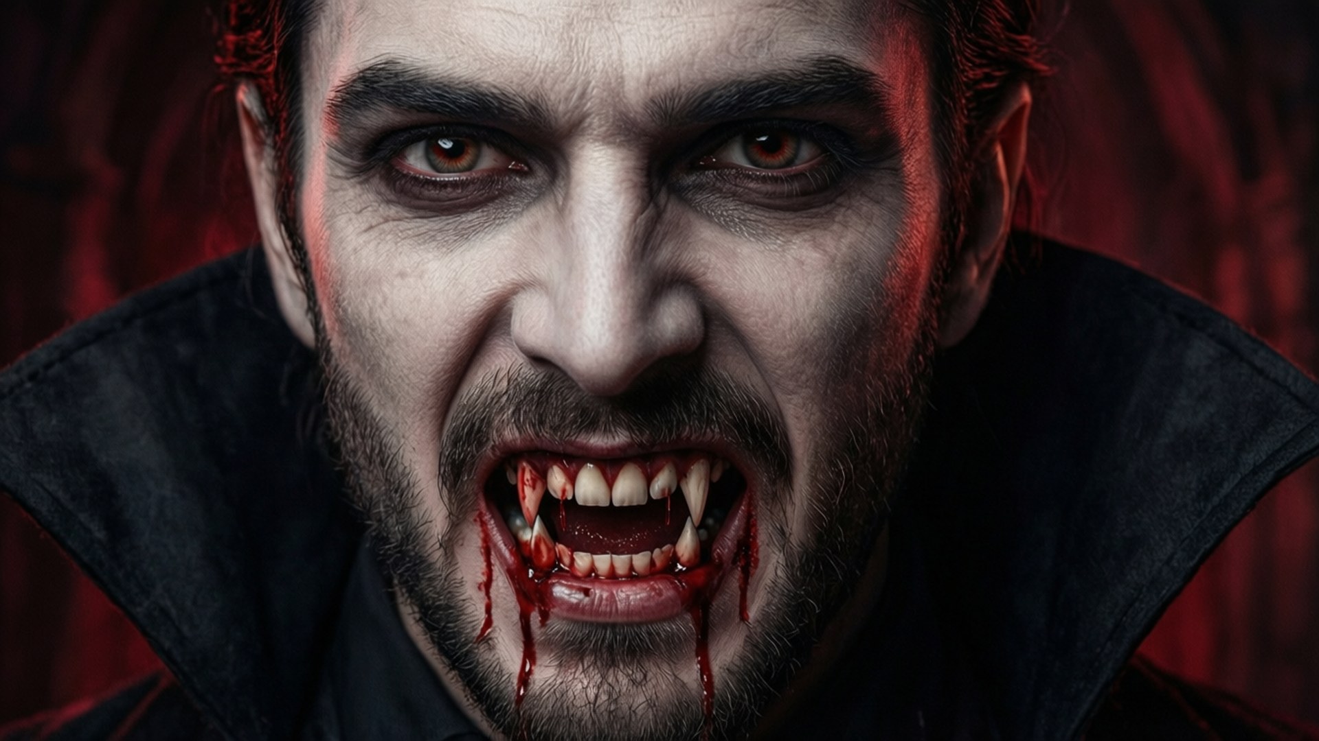 Bloodthirsty Vampire Fangs 壁紙 — 一個帶有血淋淋尖牙和發光眼睛的威脅性吸血鬼，在深紅色背景下強烈凝視。