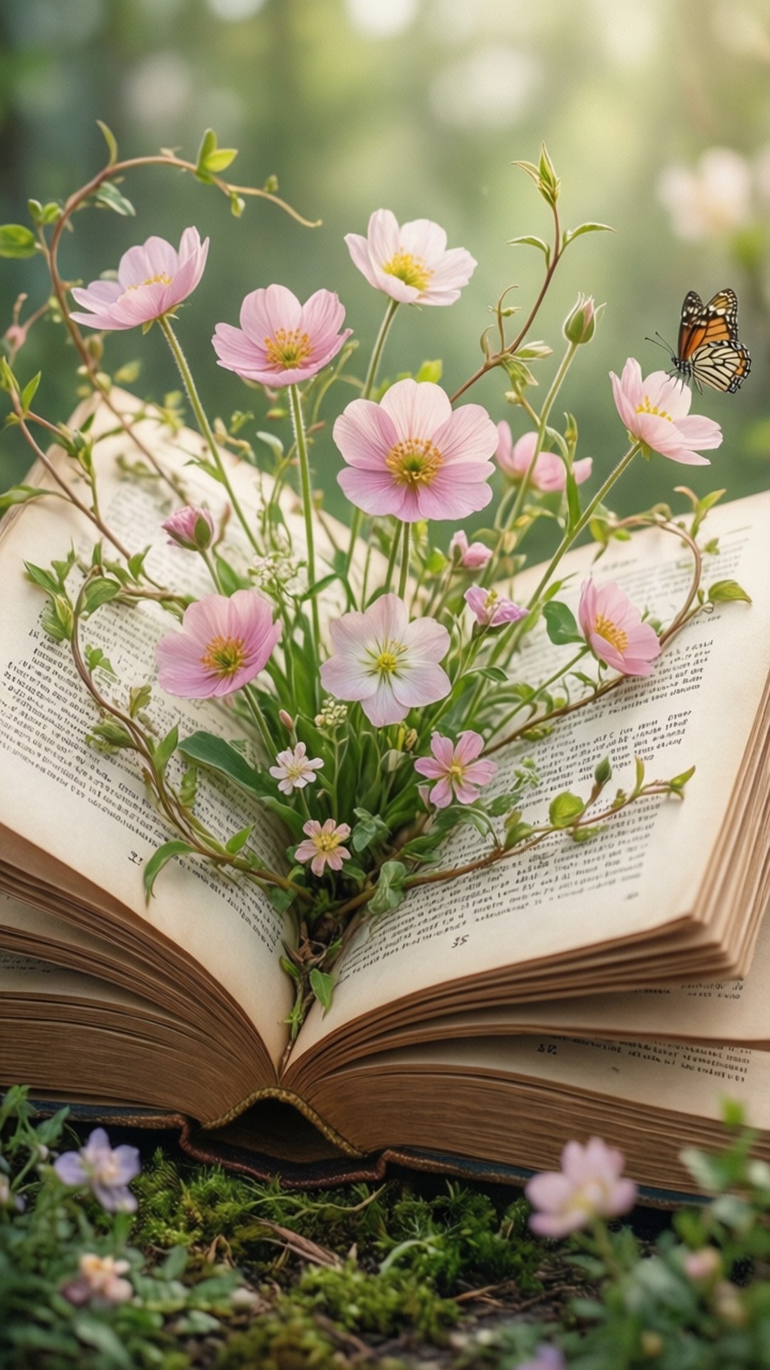 打開的書本，粉紅花朵和帝王蝶從書頁中長出，在苔蘚地面上。