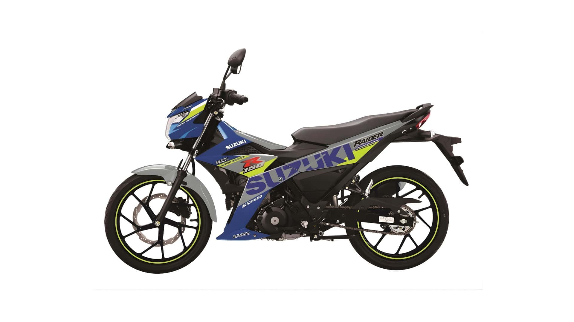  壁紙 — 一輛藍黑配色的Suzuki電單車，帶有螢光綠色點綴，側面展示在純白背景上。