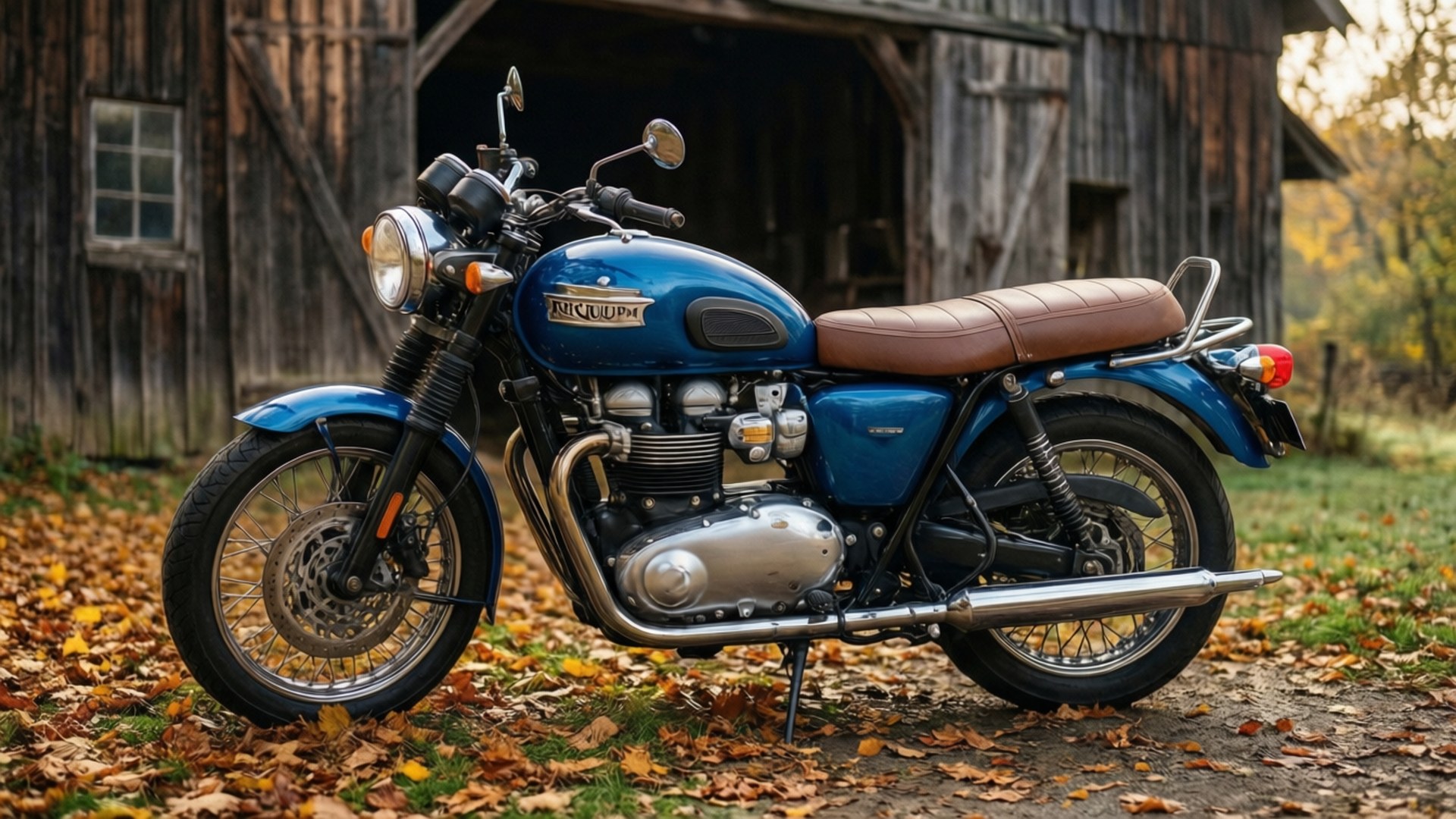 經典藍色 Triumph 電單車停放在木穀倉附近的秋葉上