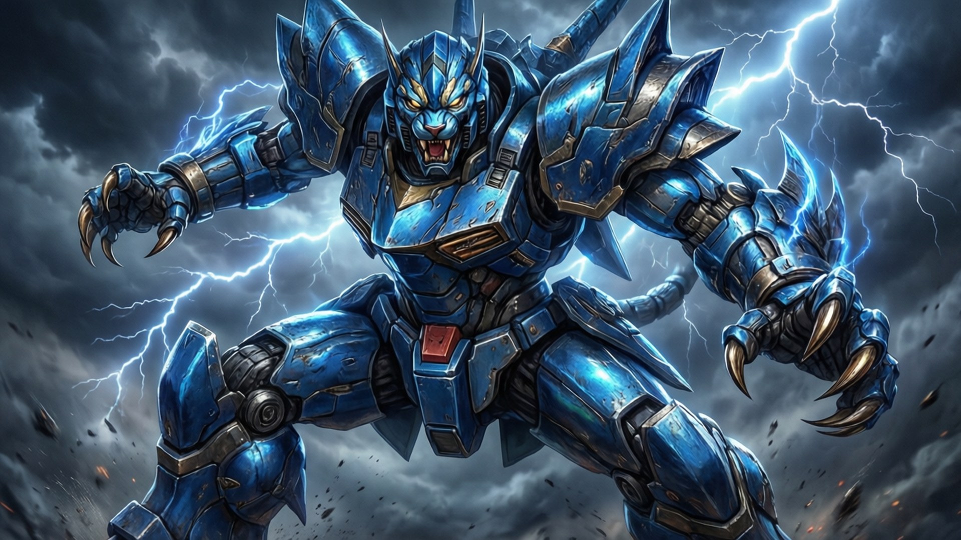 Zoids 桌布 壁紙 — 藍色裝甲機械人，發光的眼睛和爪子，在暴風雨中咆哮，閃電擊中周圍。