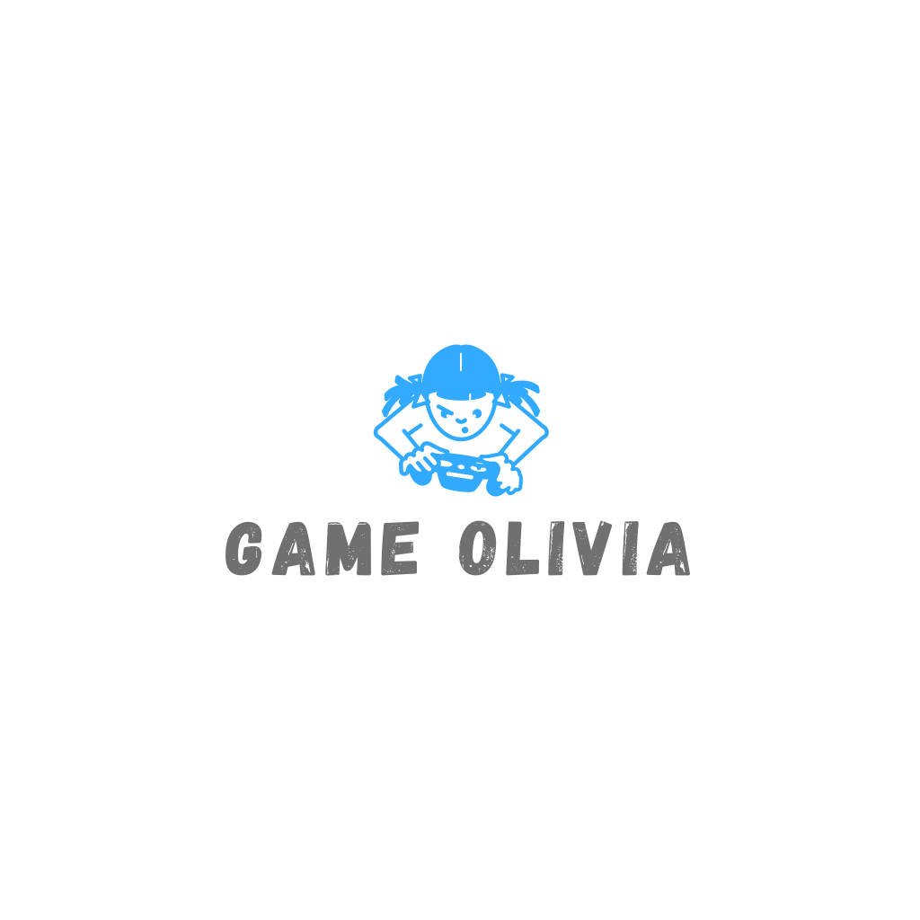 藍色卡通女孩紮著辮子，玩著帶有GAME OLIVIA文字的電玩控制器。
