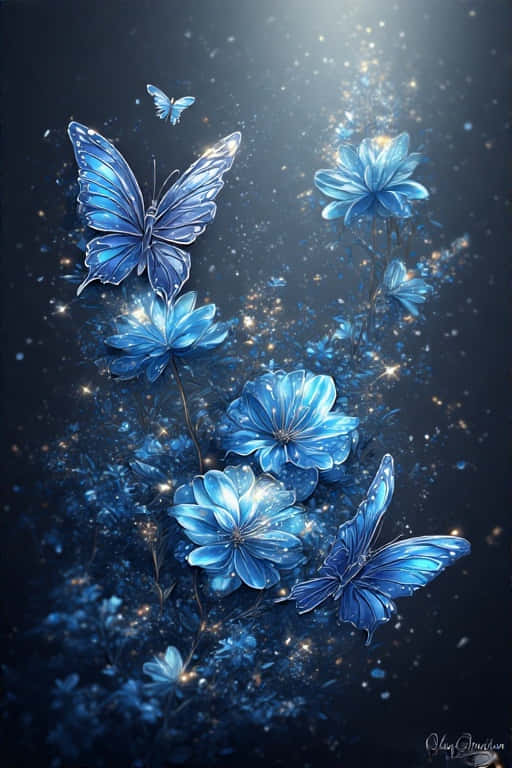 藍色蝴蝶和花朵漂浮在帶有金色閃光的黑暗天空中。