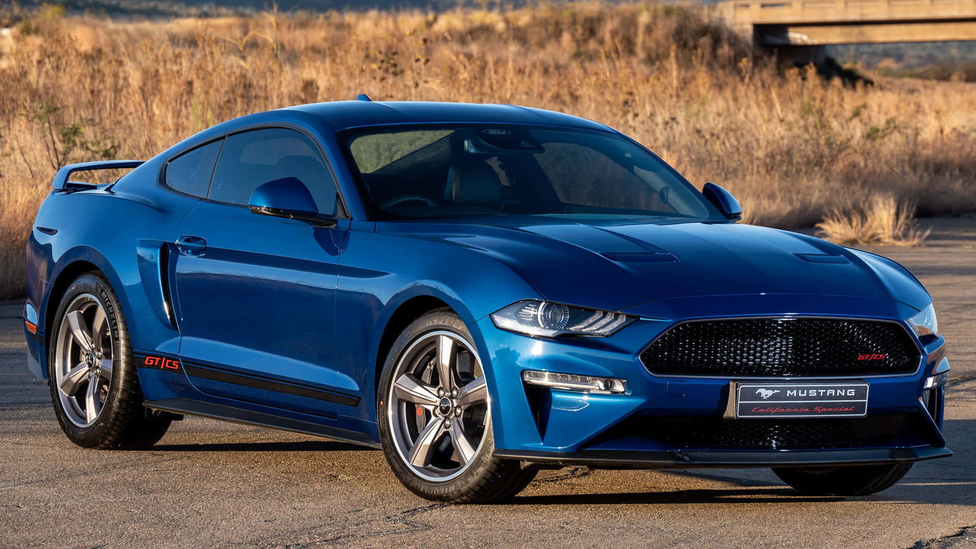 Ford Mustang California Special 桌布 壁紙 — 一輛充滿活力的藍色福特Mustang GT500跑車停泊在陽光照耀的瀝青路上，背景有乾草。